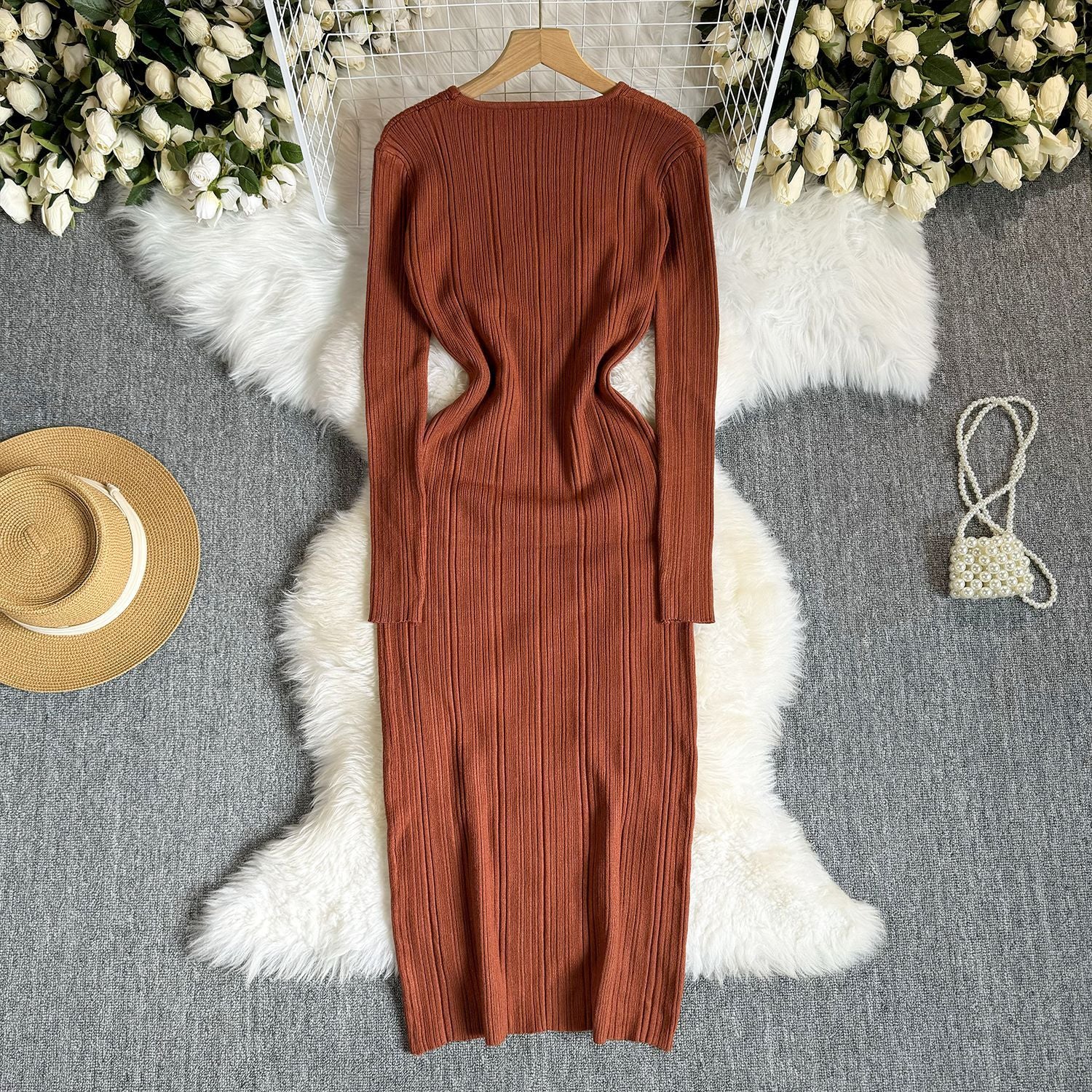 Autumn Solid Color Women Sexy Ribbed Slim Bodycon Knitting Dress 7