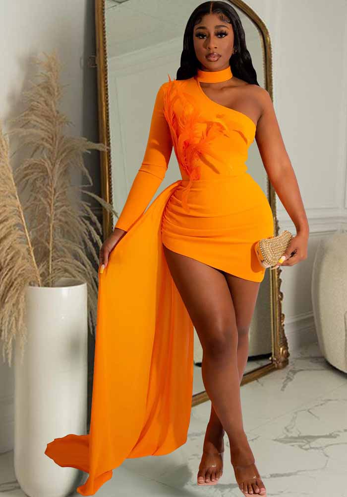 Women Feather One Shoulder Slash Shoulder Dress