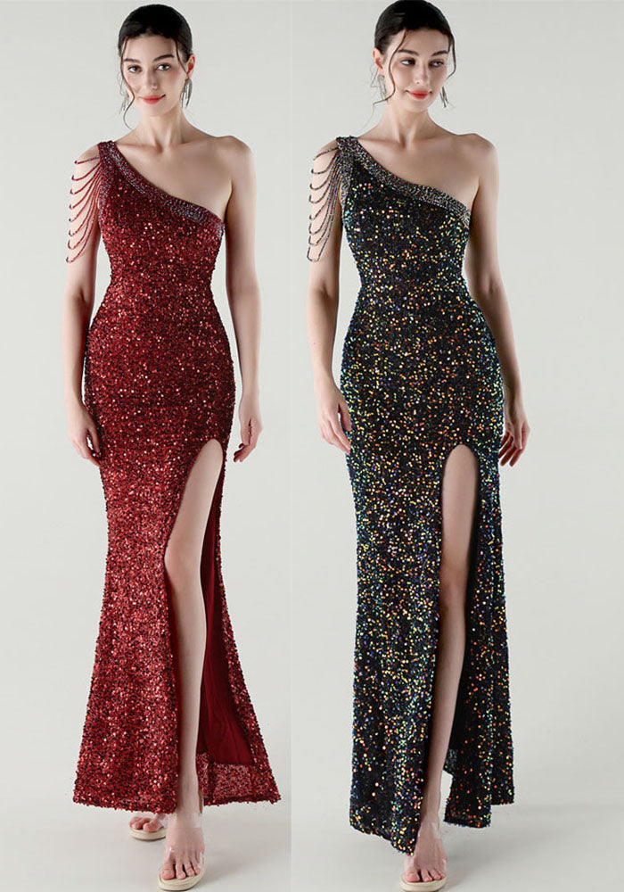One Shoulder Rhinestone Chain Sequin Fishtail Evening Dress Formal Party Gown