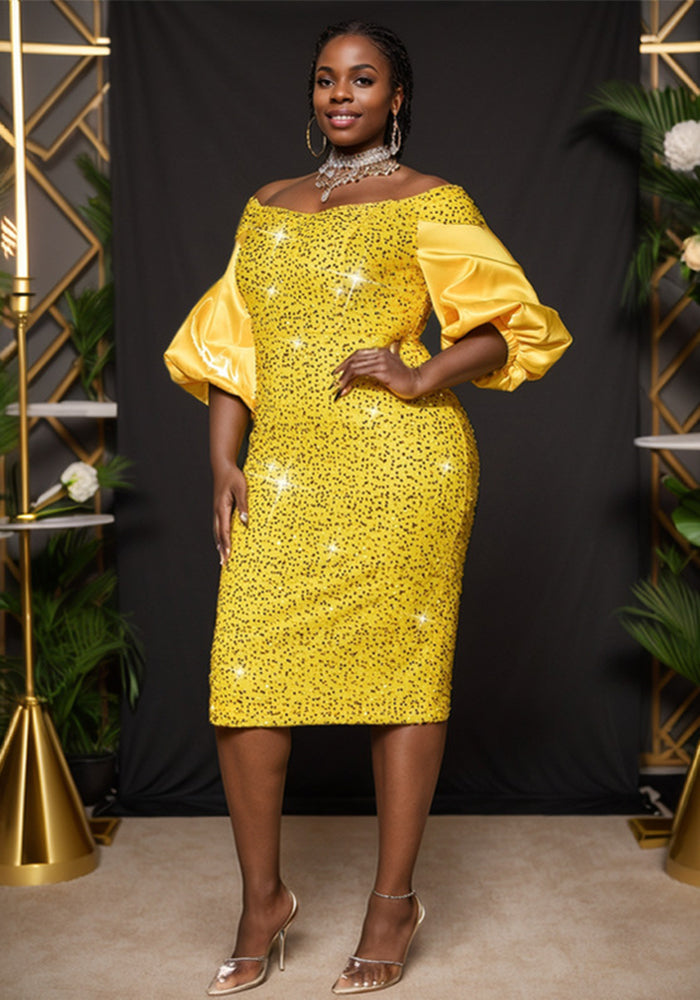 Elegant Off Shoulder Puff Sleeve Bodycon Formal Party Sequin Evening Dress