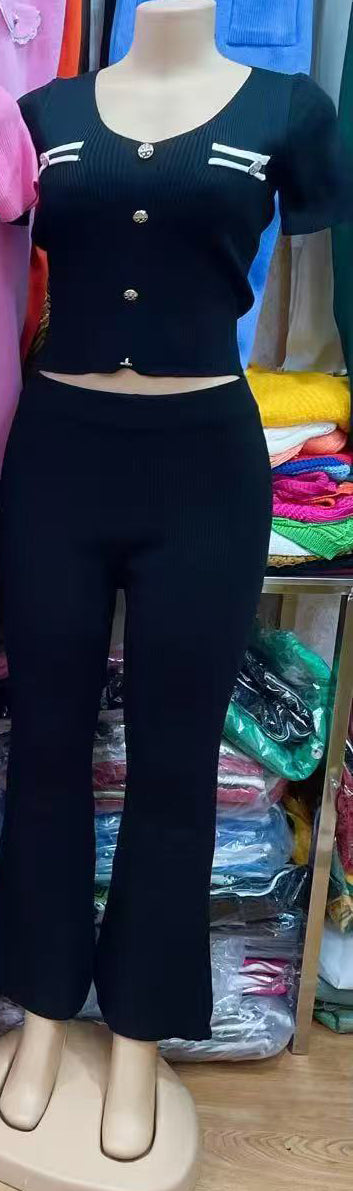 Knitting Women's Summer Outfit Slim Tight Fitting Short Sleeve Long Pants Set
