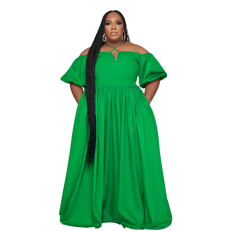 Solid Color Sexy Strapless Halter Neck Plus Size Women's Fashion Loose Short Sleeve Dress 5