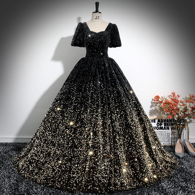 Luxury Sequin Puff Short Sleeve A-Line Luxury Evening Dress（Processing time need 3-6 days）