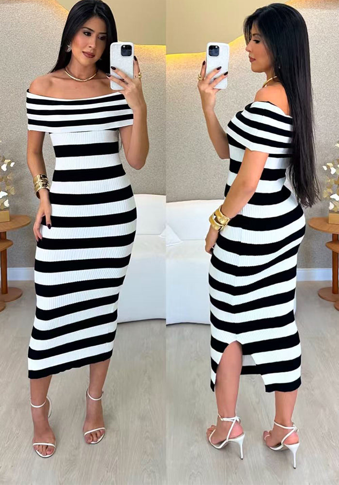 Contrast stripes women summer sexy off-shoulder knitting long dress