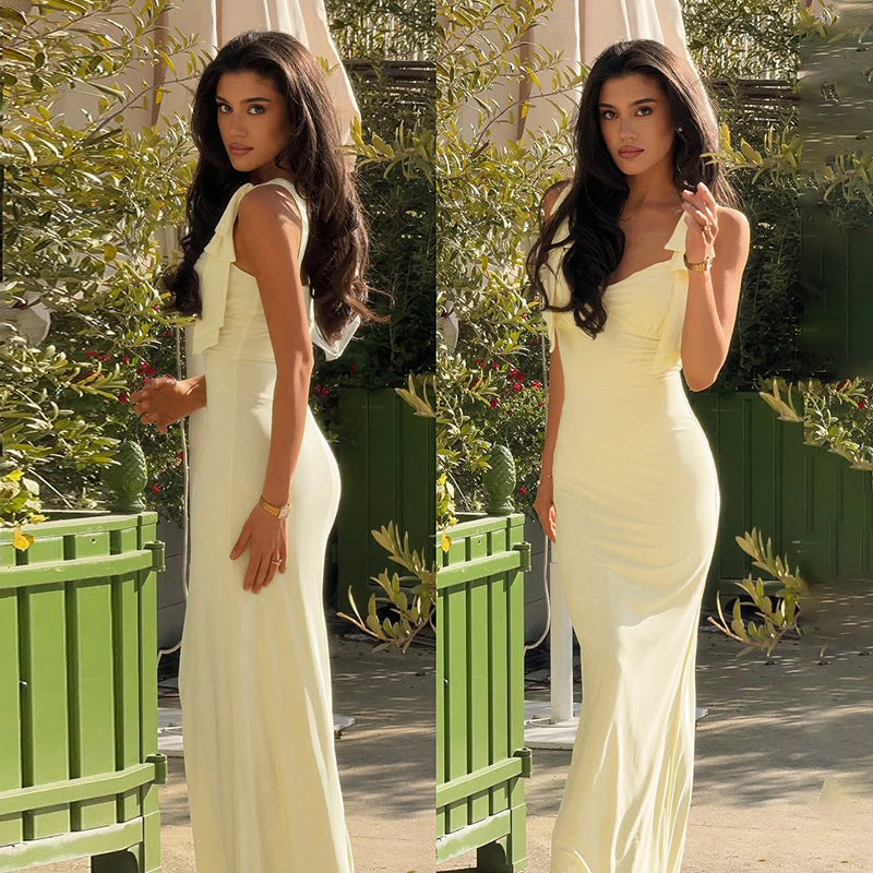 Women Summer Solid Sexy V Neck Lace-Up Backless Bodycon Dress