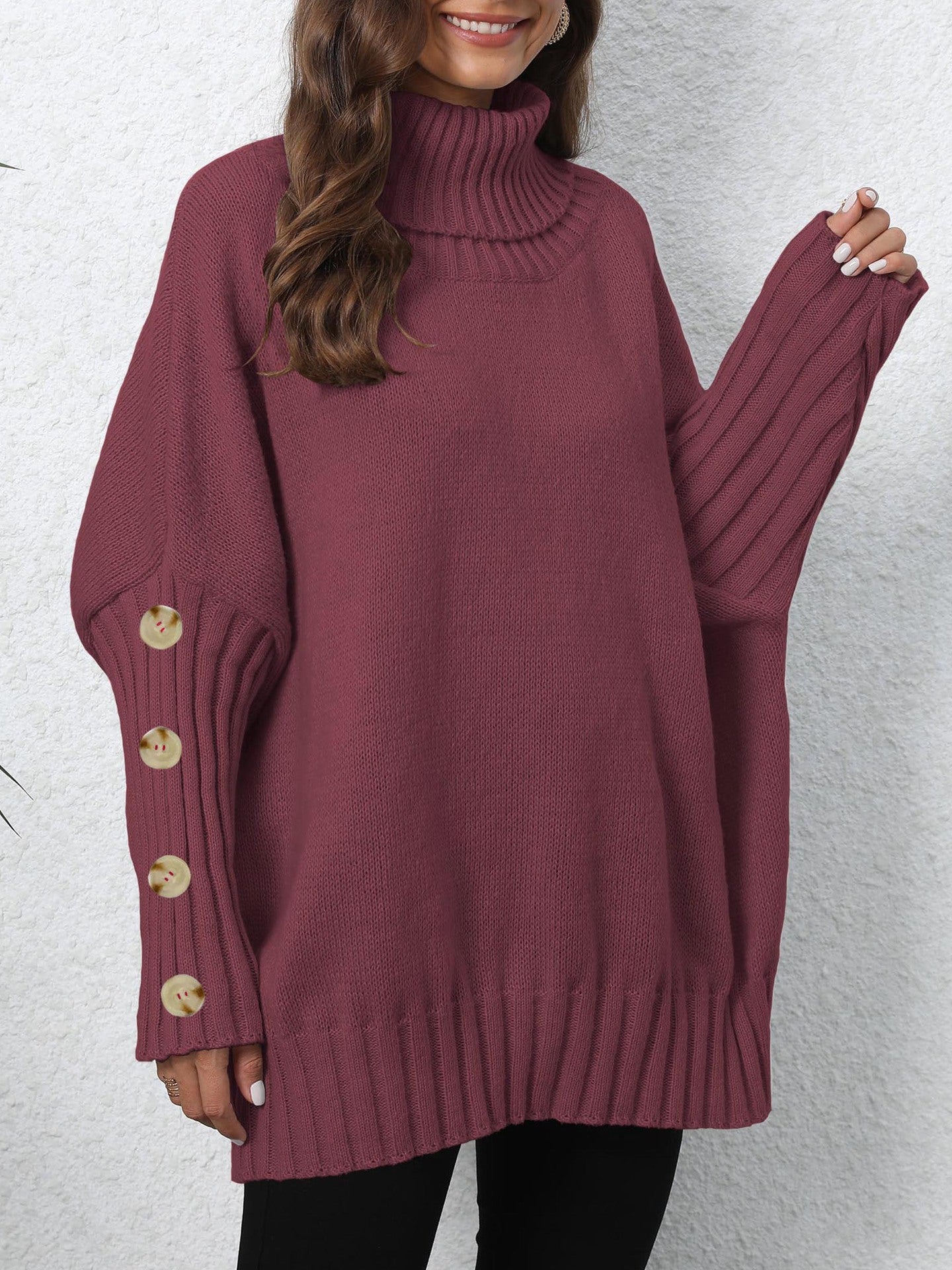 Women Pullover Women Button Knitting Solid Color High Neck Loose Knitted Sweater Tops 9