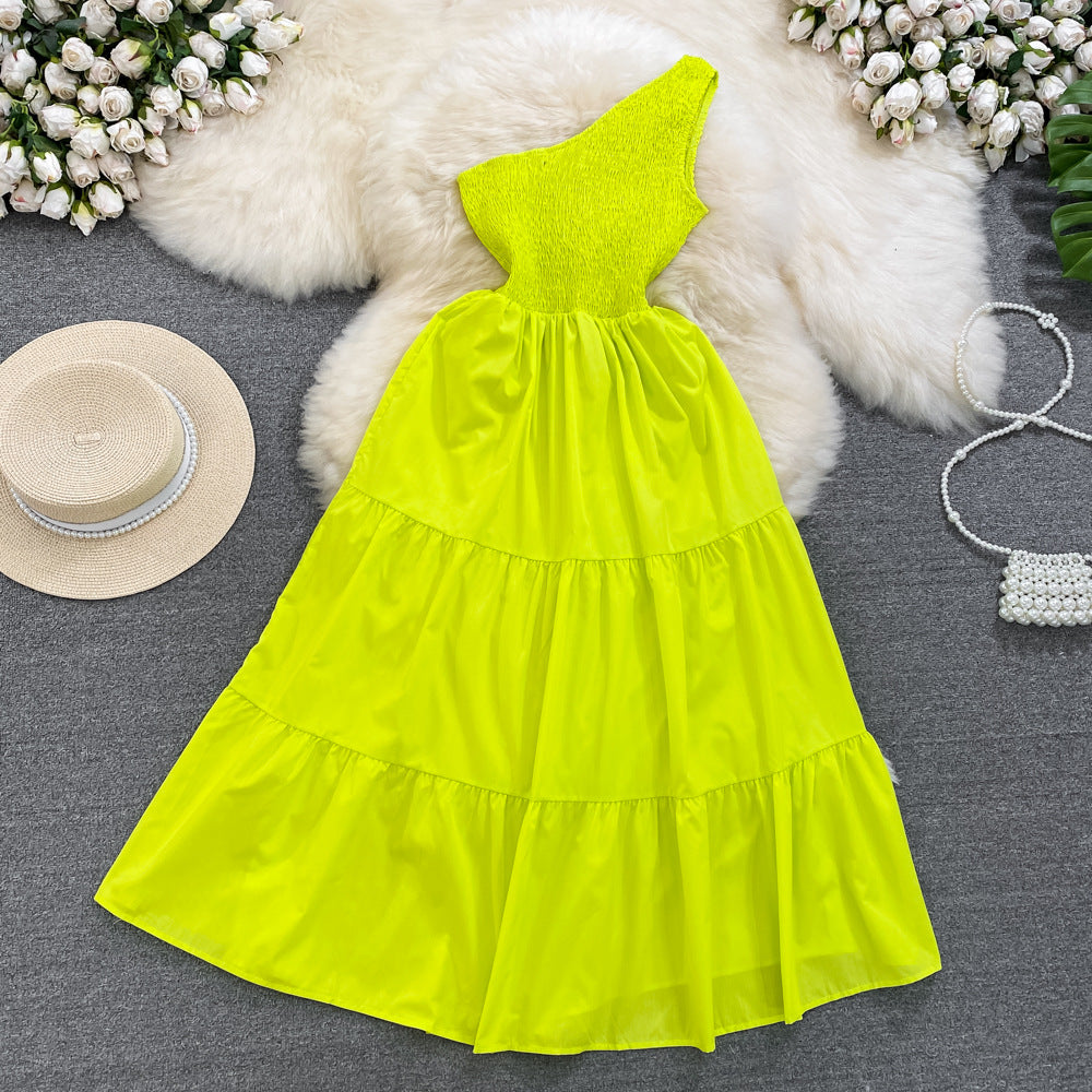 Retro Chic Sleeveless Slash Shoulder Slim Waist Slim Fit Beach Holidays A-Line Long Dress 13