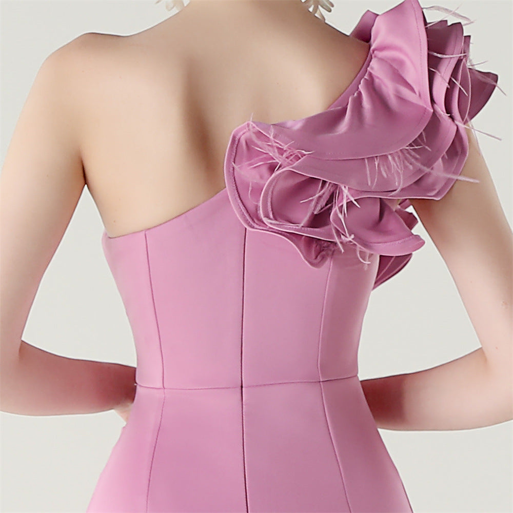 Women One-Shoulder Beaded Wool and Floral Satin Slit Sexy Evening Dress 78