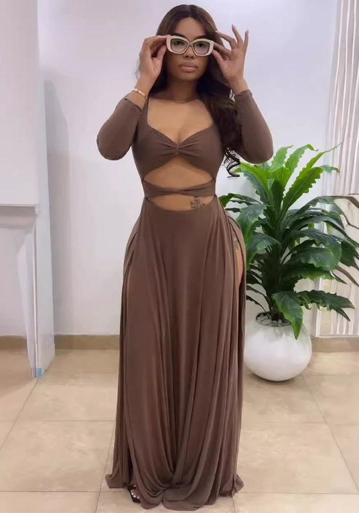 Square Neck Hollow Long Sleeve Tight Fitting Slit Dress