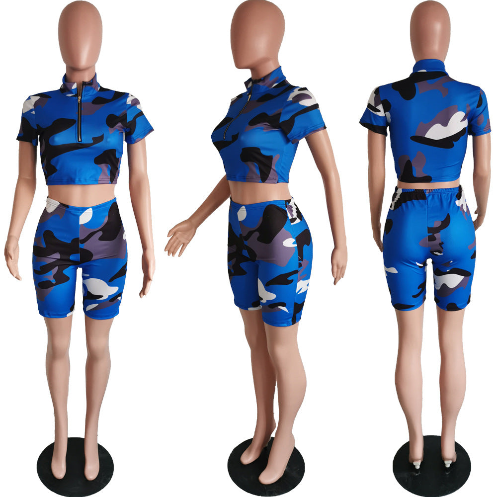 Women's Sexy Camouflage Short Sleeve Zipper High Waist Two-Piece Set 9
