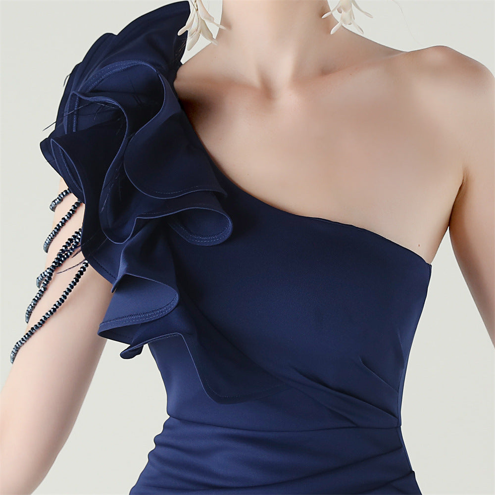 Women One-Shoulder Beaded Wool and Floral Satin Slit Sexy Evening Dress 69