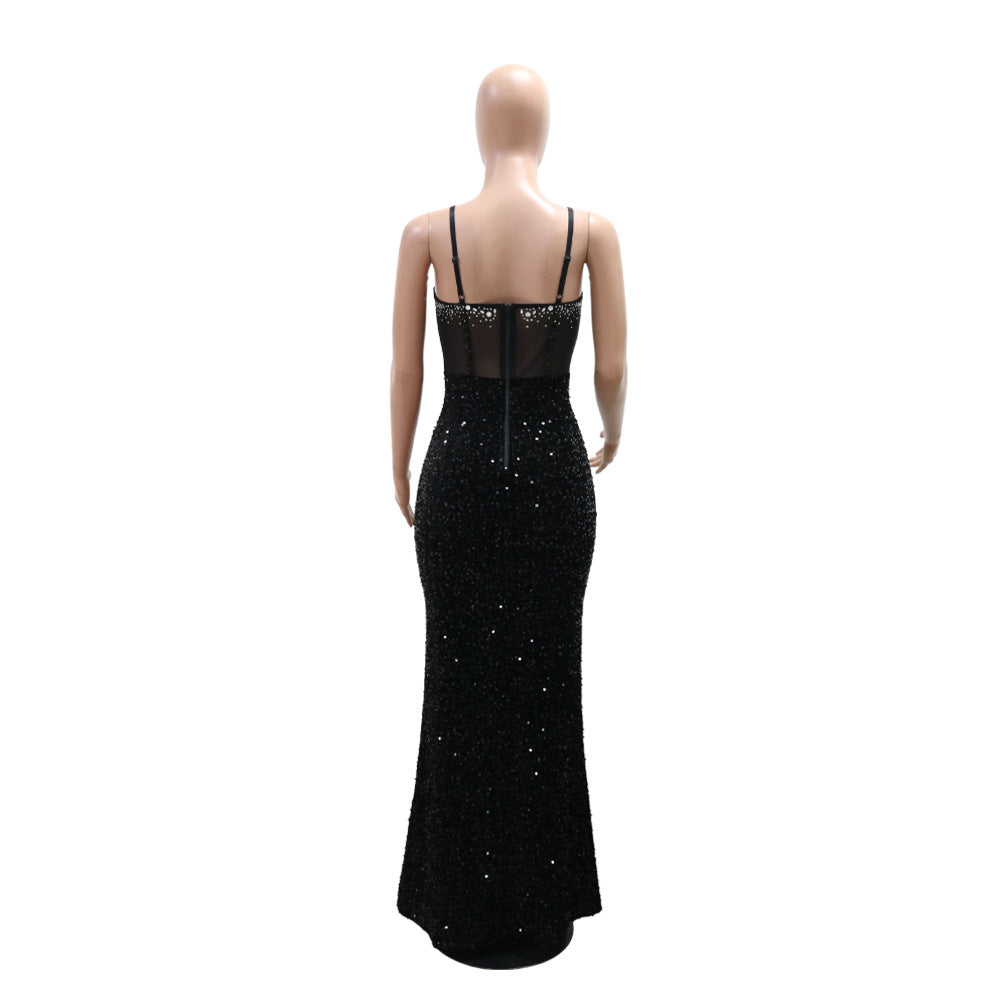 Women Velvet Sequin Beaded Strap Long Party Dress Dress 9