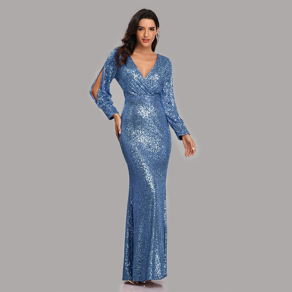 Plus Size Women Long Sleeve V-Neck Sequined Mermaid Evening Dress 3