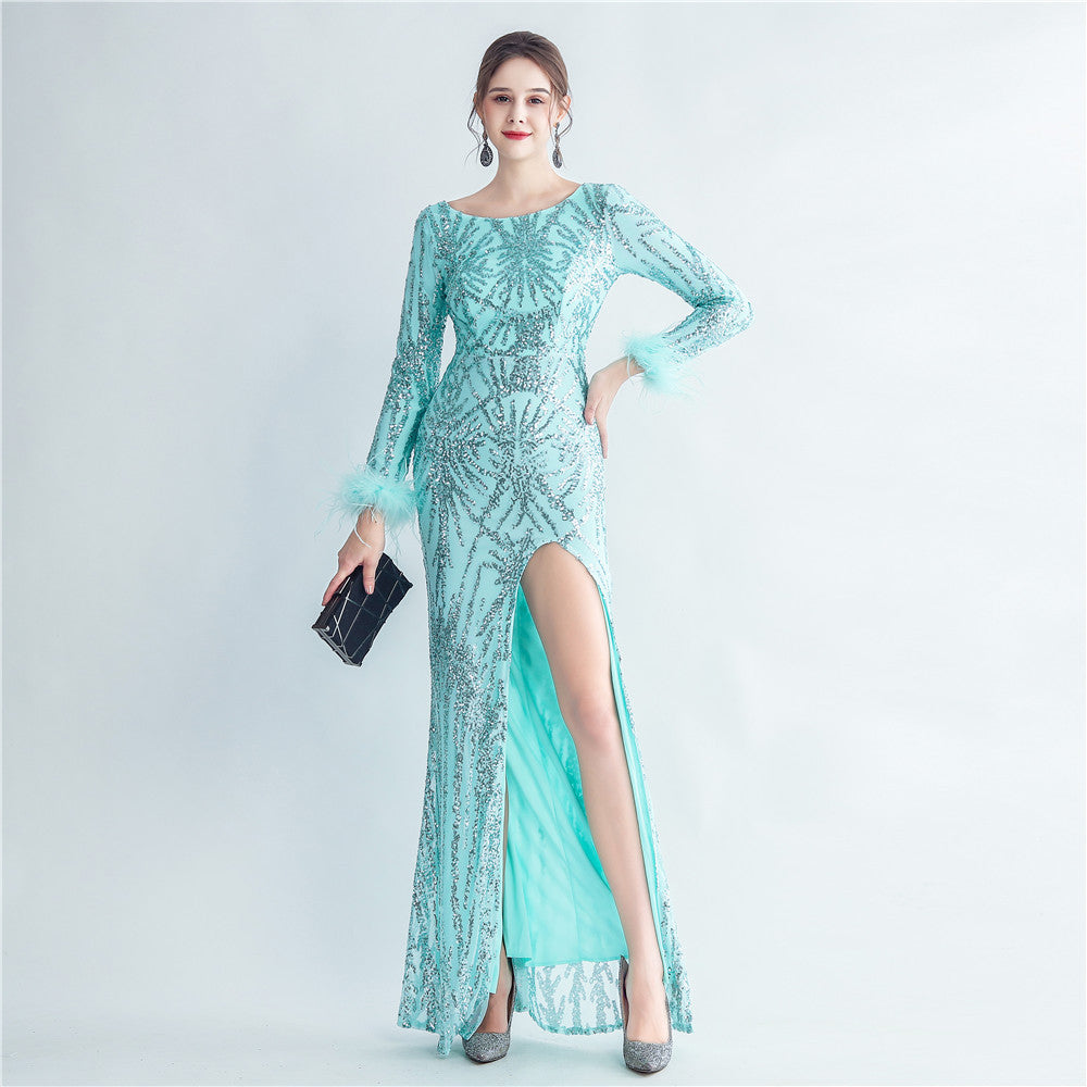 High-density ostrich feather sequin long-sleeved mermaid high-end evening dress