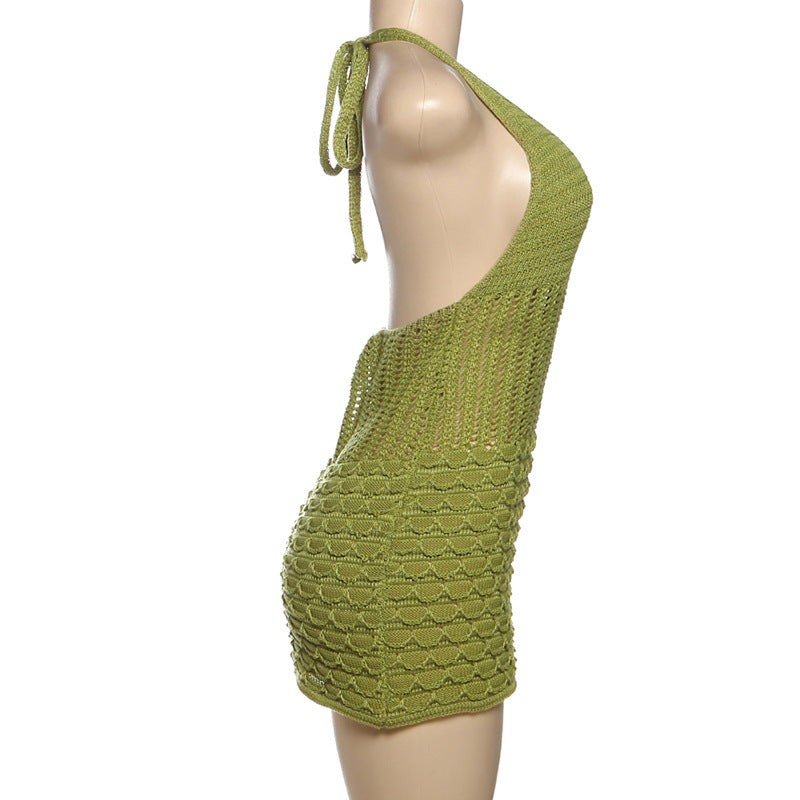 Women Summer Sexy V-Neck Halter Neck Hollow Backless Knitting Dress 8
