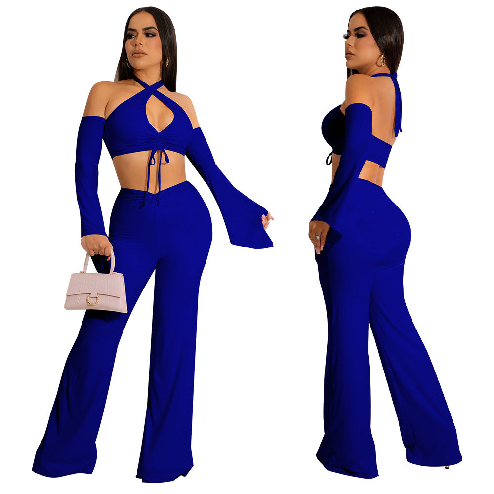 Women Fall Sexy Halter Neck Tie Crop Top+ Pants Two Piece 4