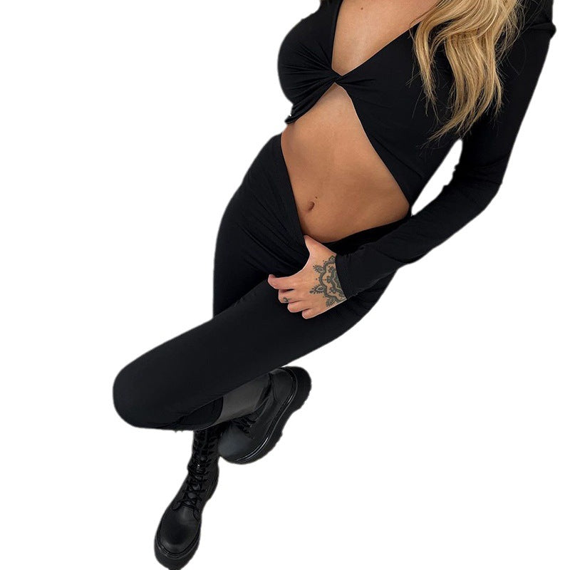 Women Casual Solid Hooded Long Sleeve Knot Jumpsuit 6