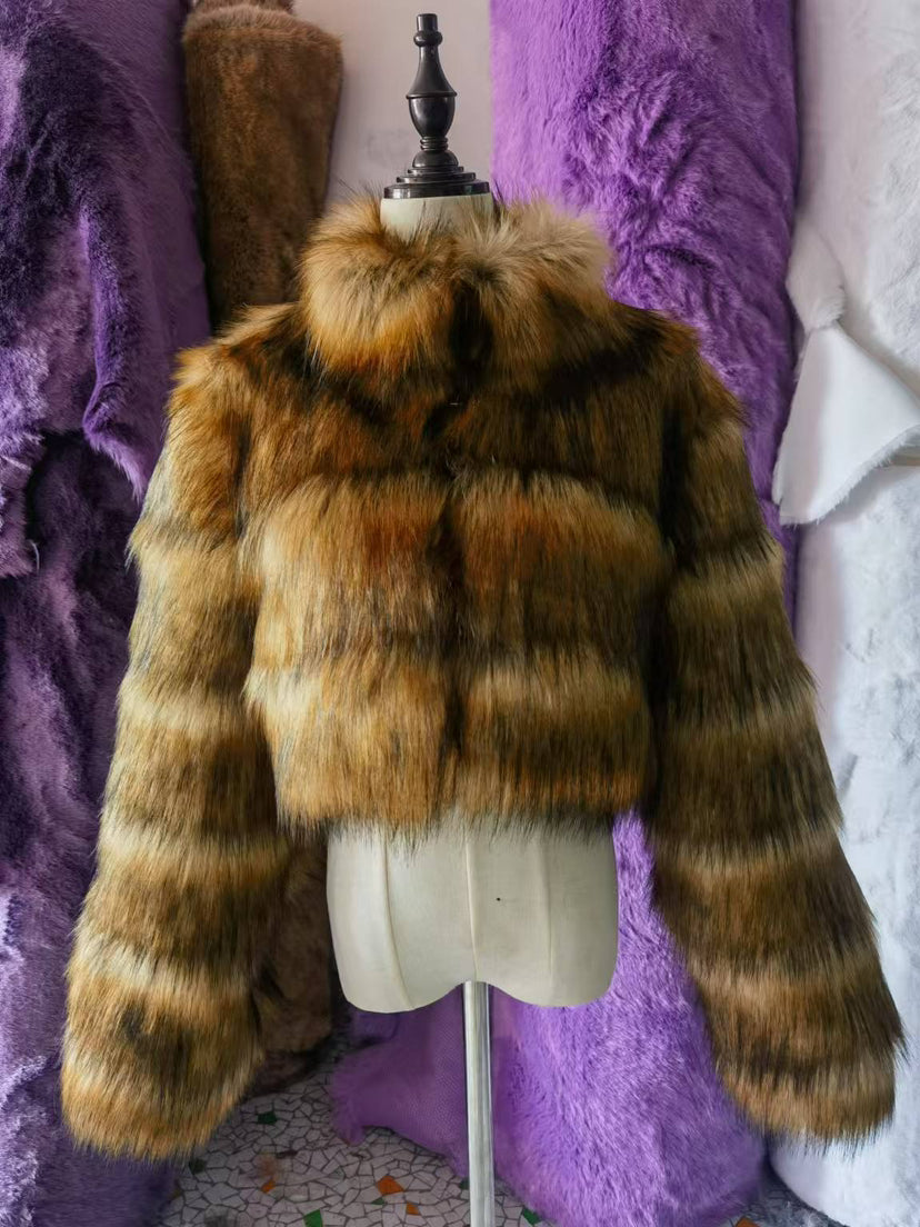 Cropped Coat Fashionable Faux Fur Coat Women Stand Collar Long Sleeves 46