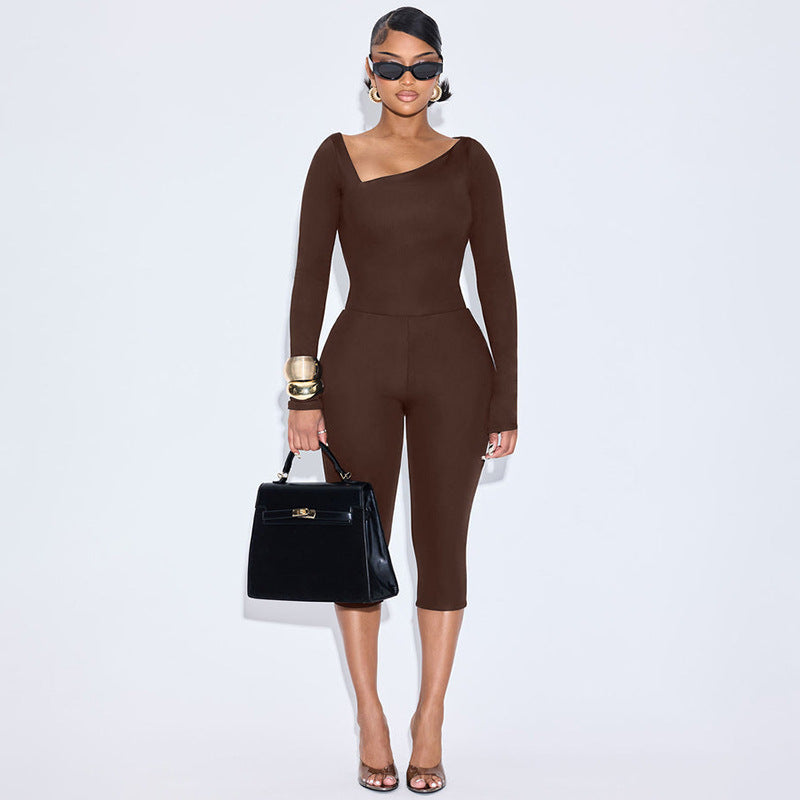 Irregular Slash Shoulder Long Sleeve Top and Solid Capri Two-Piece Set