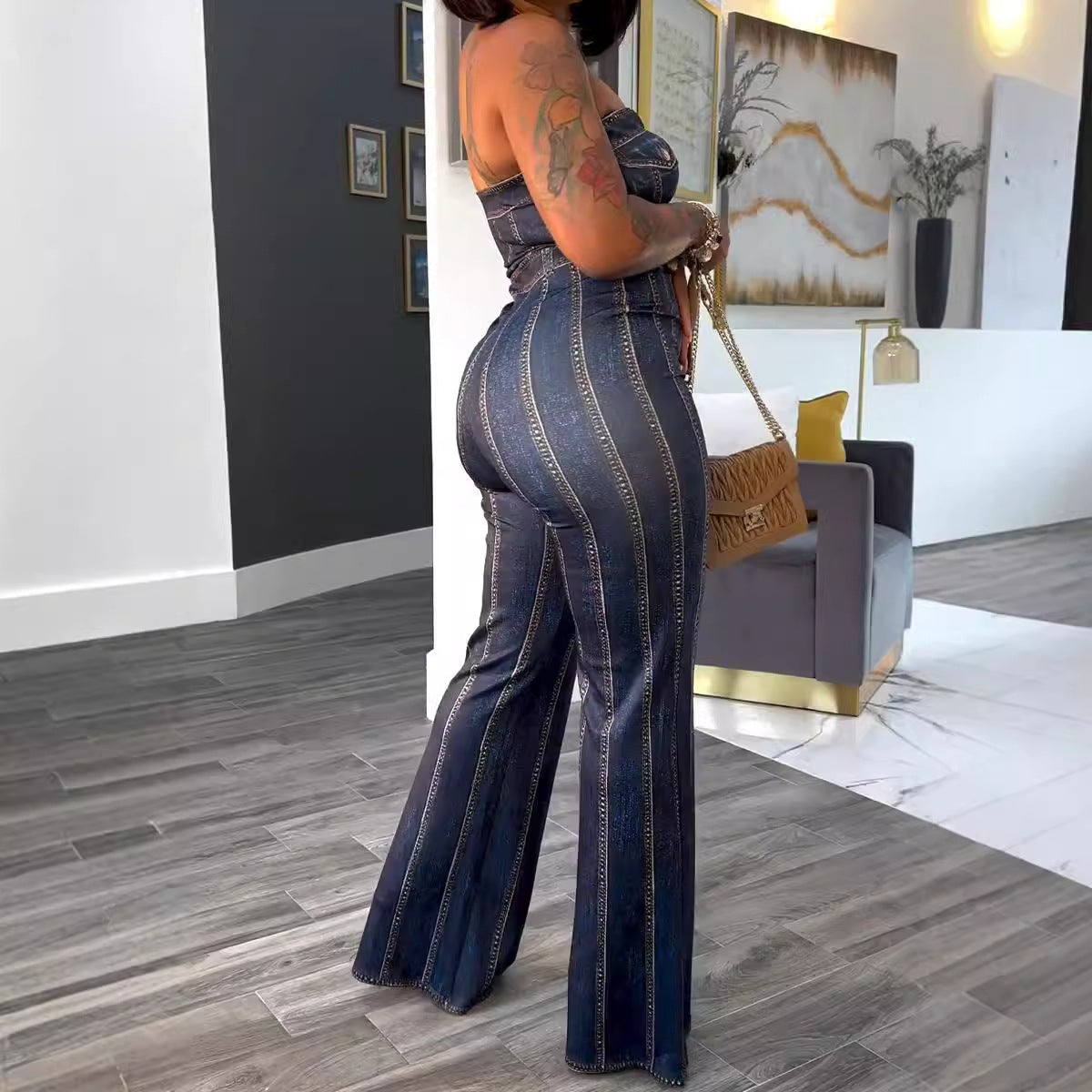 Women Printed Sleeveless Strapless Elastic Bodycon Wide Leg Jumpsuit 3