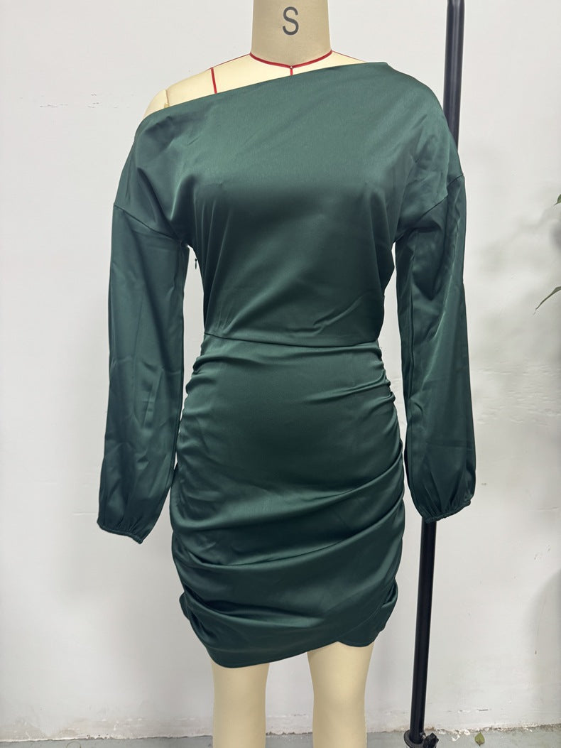 Women Fall Slash Shoulder Long-Sleeved Satin Dress 10