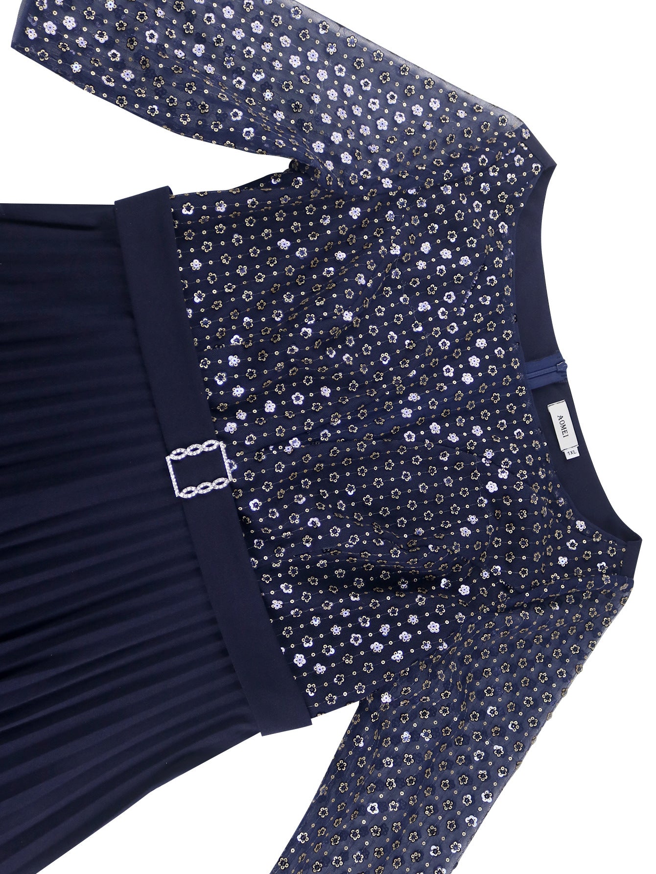 Mesh Patchwork Sequins Round-Neck Pleated A-Line Dress 13