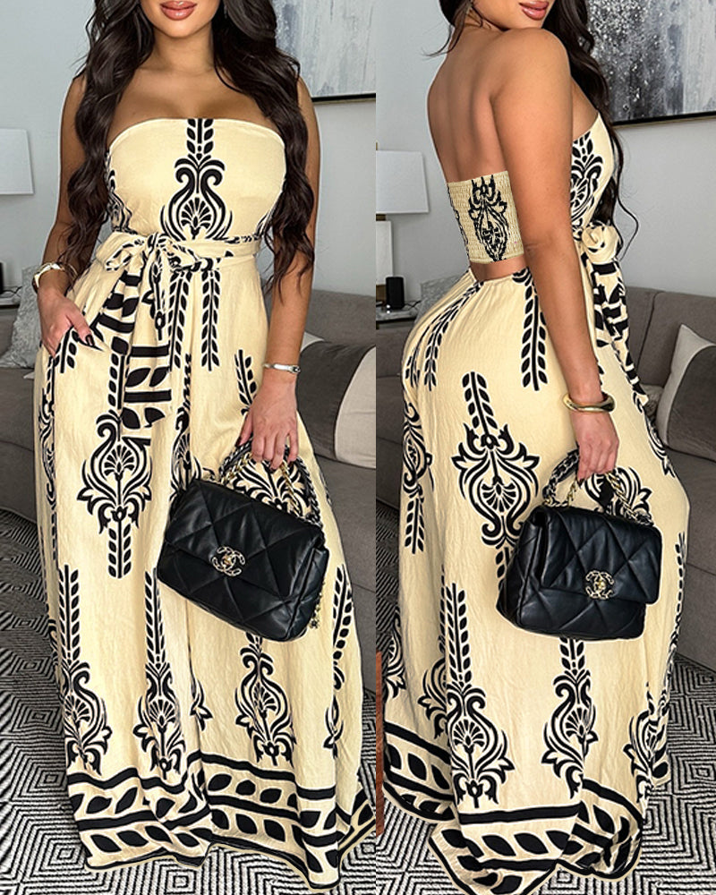 Print Strapless Belt Wide Leg Jumpsuit 3