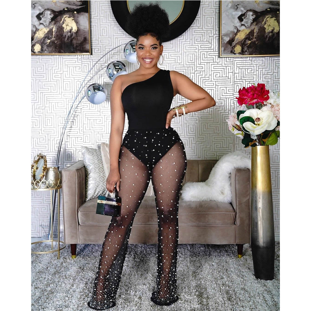 Women Summer Mesh White Dot Print Sleeveless Jumpsuit 3