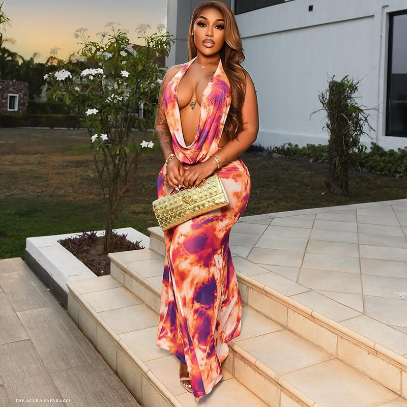 Women Elegant Printed Swinging Halter Neck Top and Skirt Two-piece Set 6