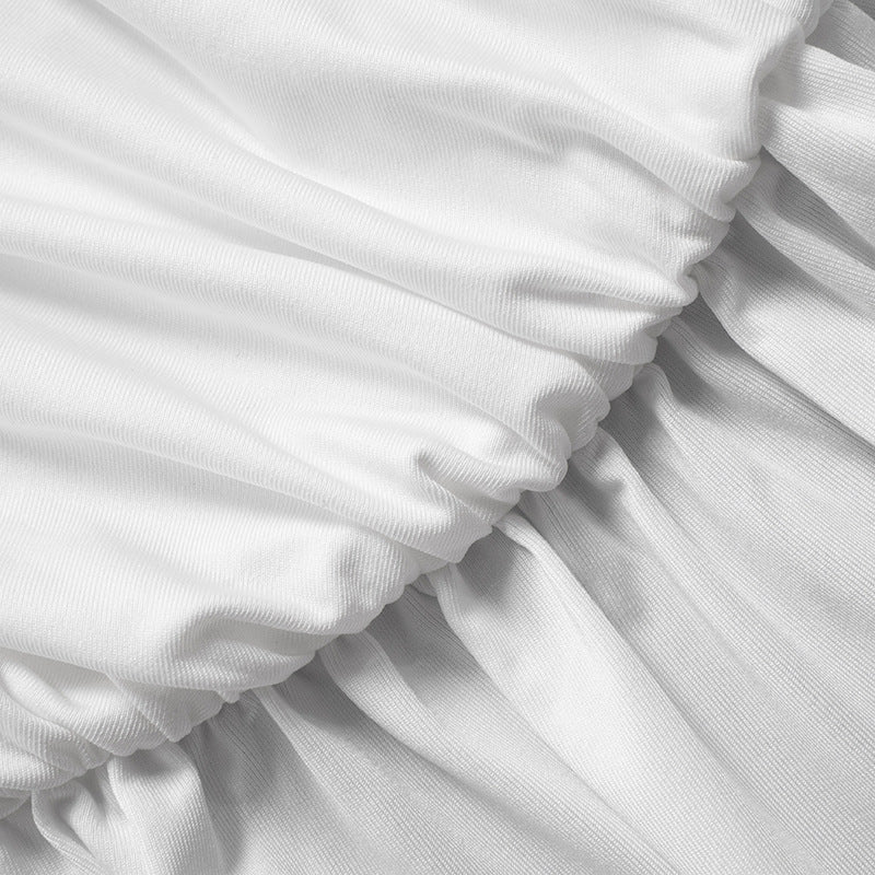 Women's Summer Solid Color Patchwork Mesh Round Neck Long Sleeve Slim Fit Pleated Short Dress 13