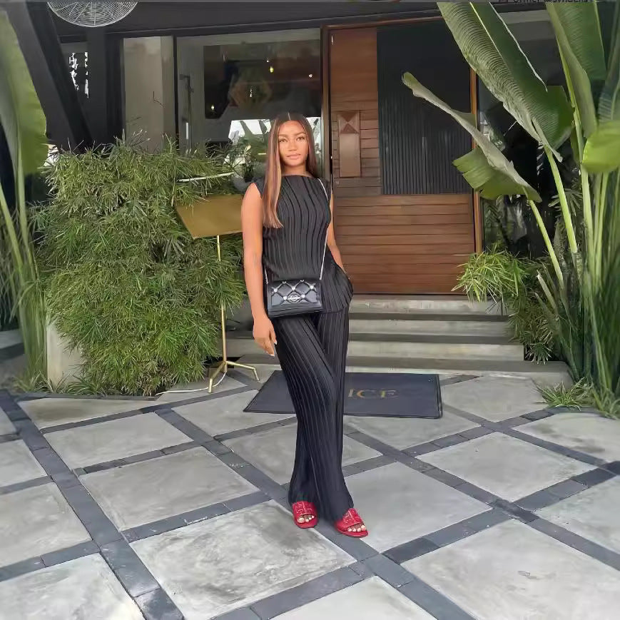 Women autumn solid sleeveless round neck top and wide leg pants two-piece set 3