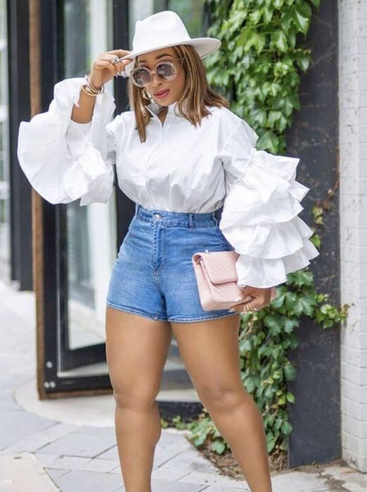 Women multi-layered ruffled Bell Bottom loose-sleeved Stand Collar shirt