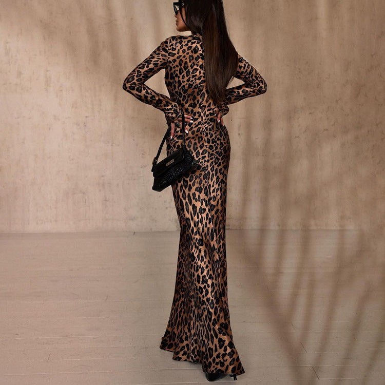Round Neck Sexy Long Autumn Leopard Print High Waist Slim Dress 5