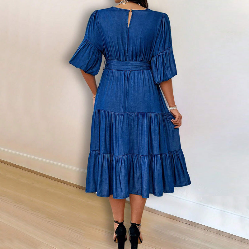 Women's Puff Sleeve Round Neck Fashion Denim Dress 3