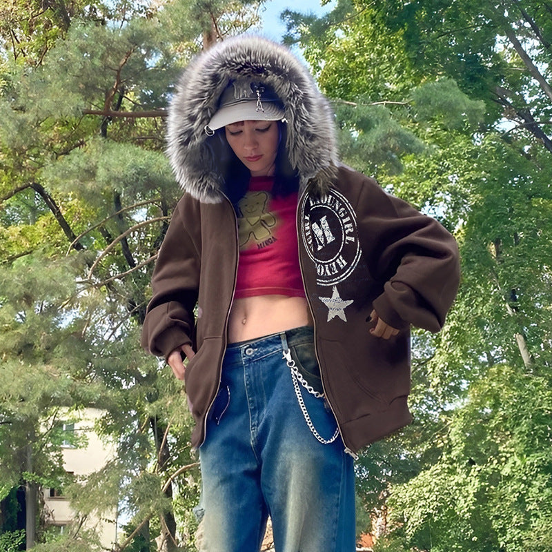 Winter Plush Hooded Badge Print Retro Jacket Loose Plus Size Casual Zipper Hoodies