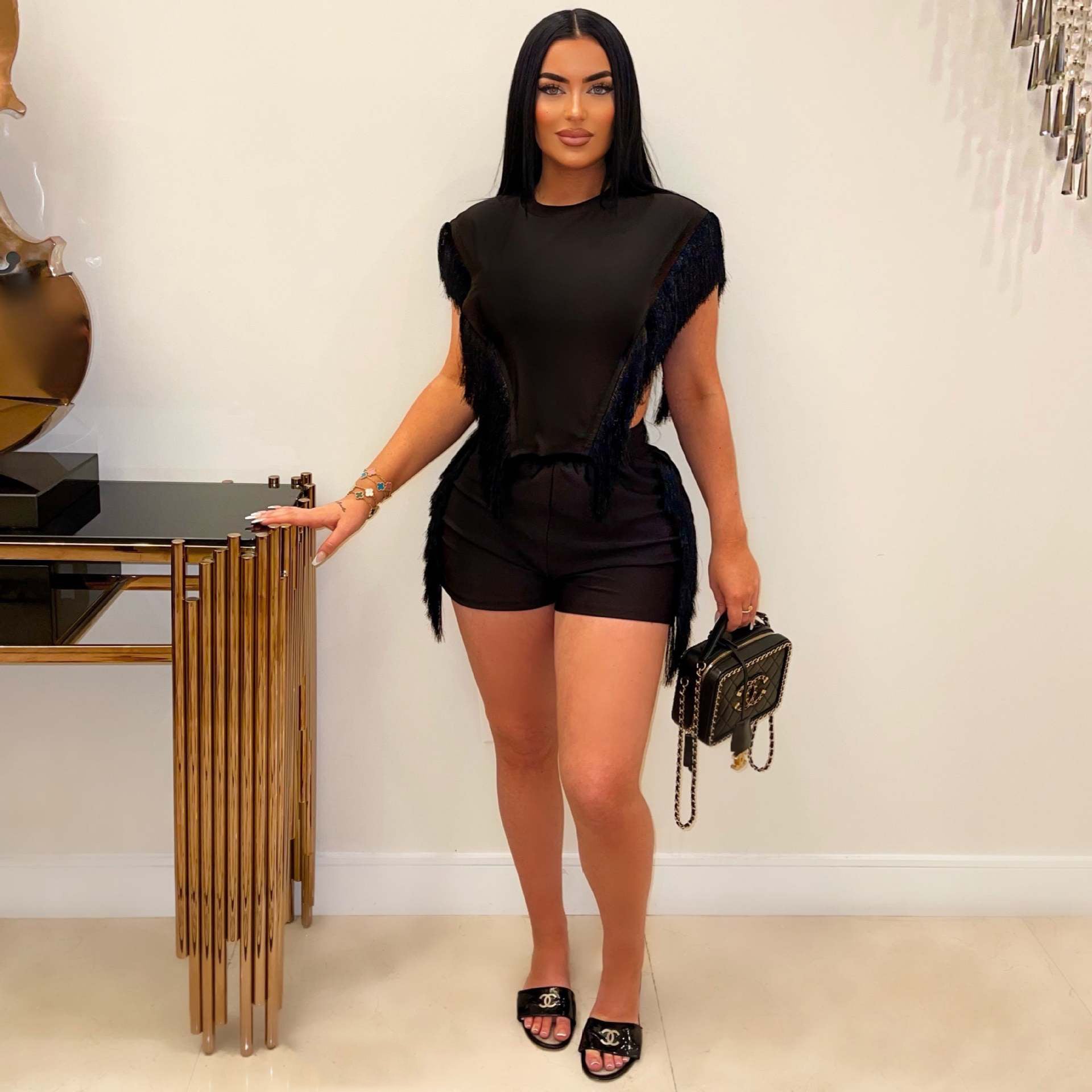 Women Short Sleeve Top and Tassel Pants Two-piece Set