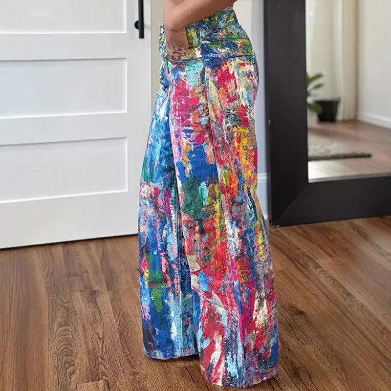 Women's Fashion Casual Straight-Leg Painted Stretch Denim Pants 3