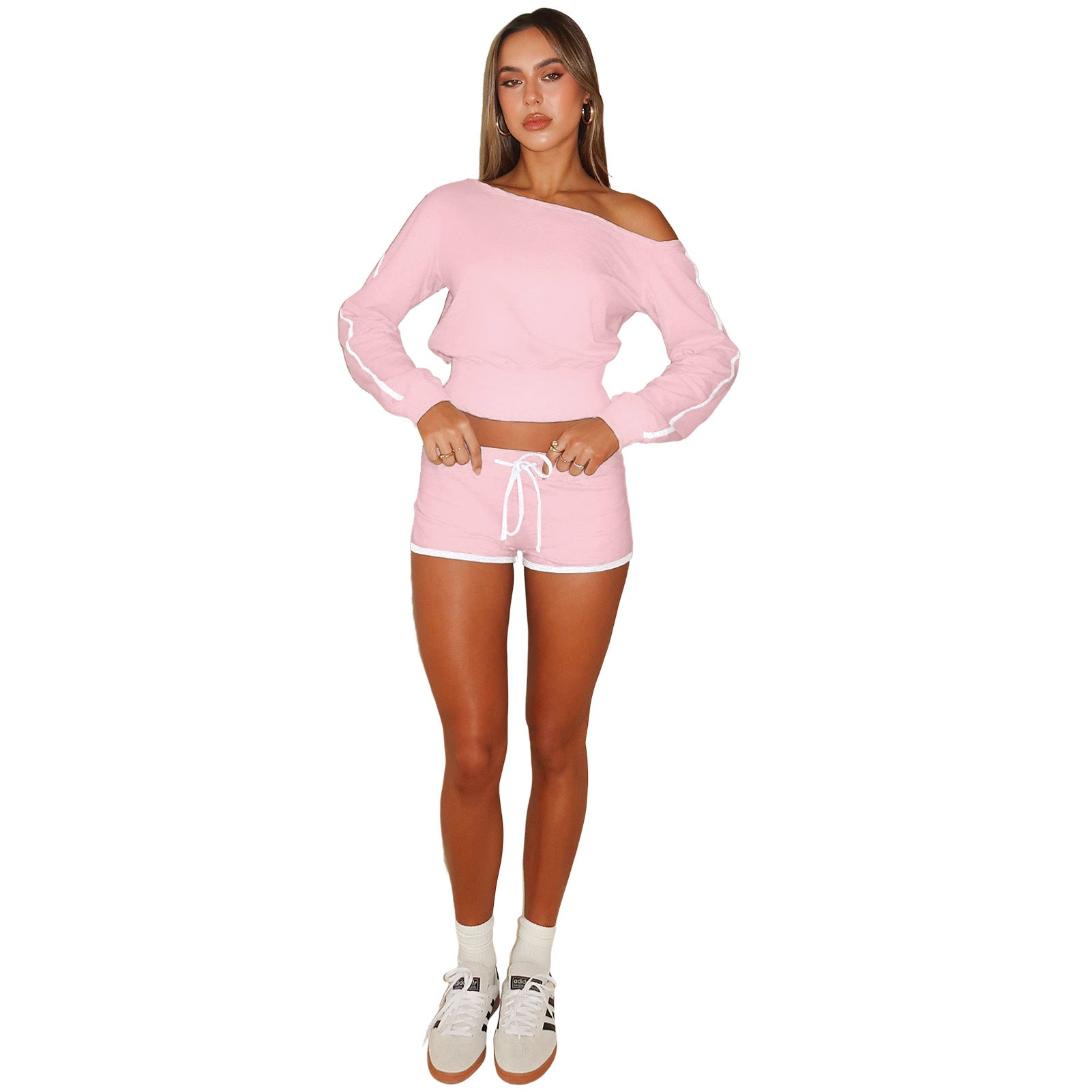 Women's Casual Slash Shoulder Long Sleeve Top Drawstring Shorts Two-Piece Set 60