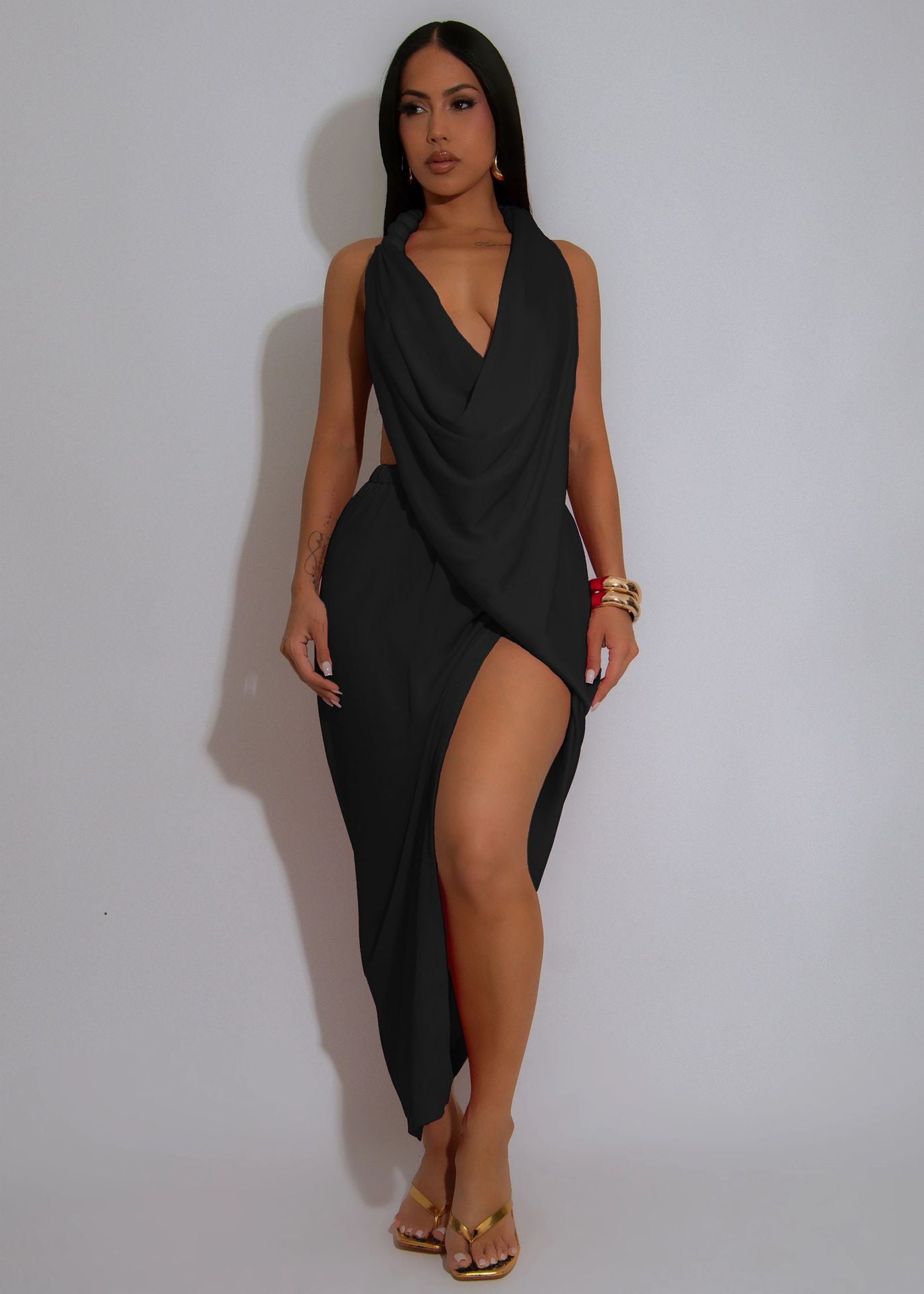 Women V Neck beaded Halter Neck sexy slit Solid pleated dress 5