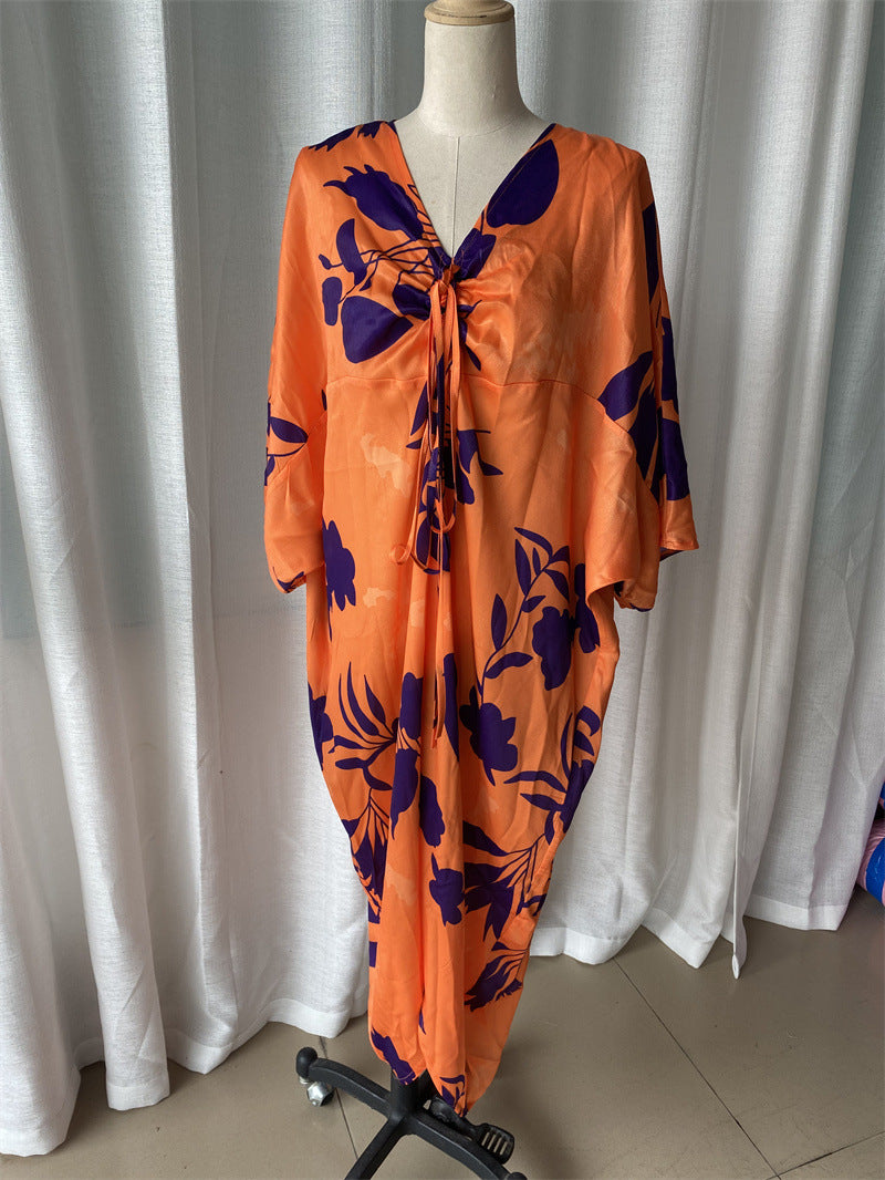 Fashion Printed Bat Sleeves V-Neck Drawstring Irregular Loose Dress 7