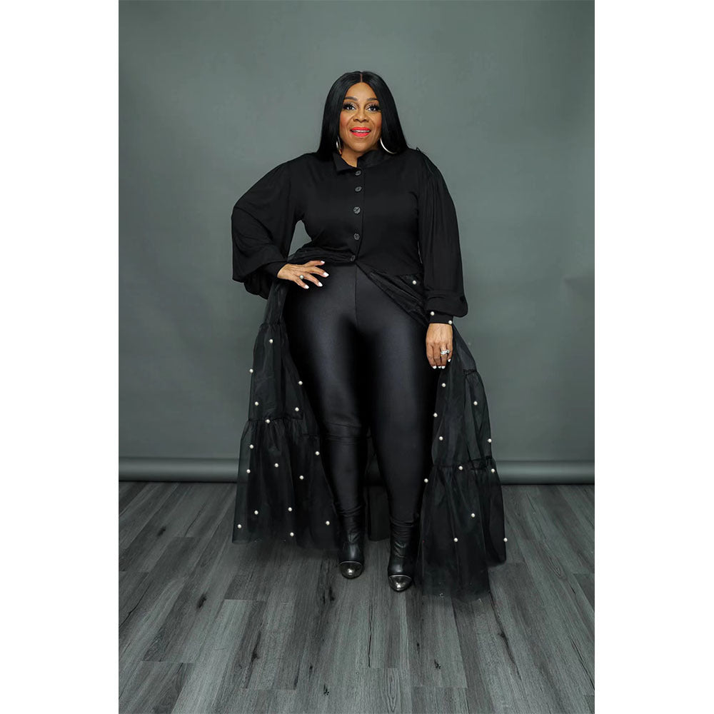 Plus Size Women's Black Pearl Mesh Patchwork Dress 5