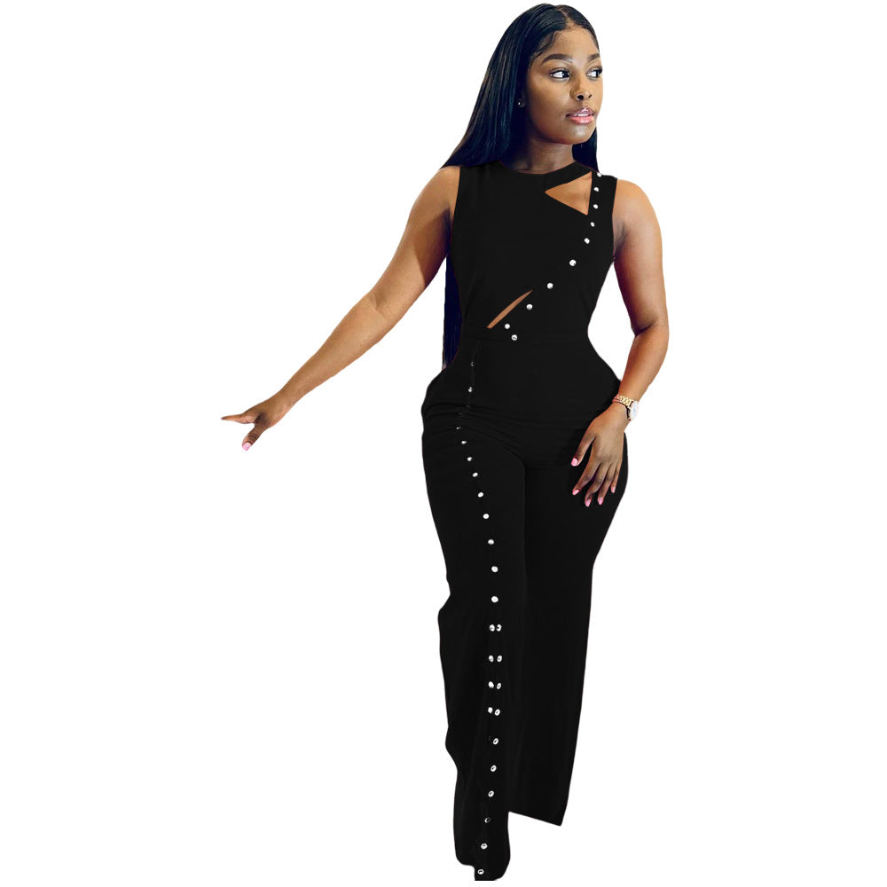 Women Summer Sleeveless Slit Loose Jumpsuit 9