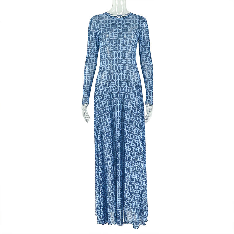 Women's Summer Print Street Round Neck Long Sleeve Slim Waist Sheer A-Line Dress 6