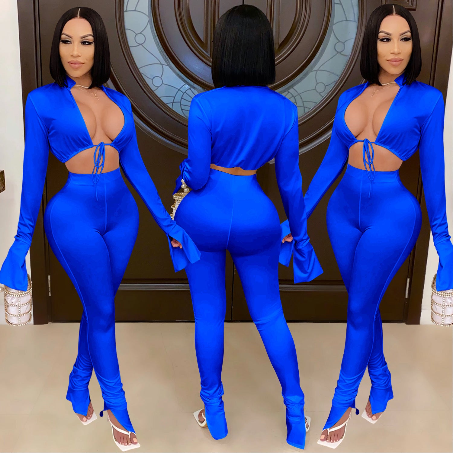 Women sexy irregular short Solid Top and Pant Two Piece Set