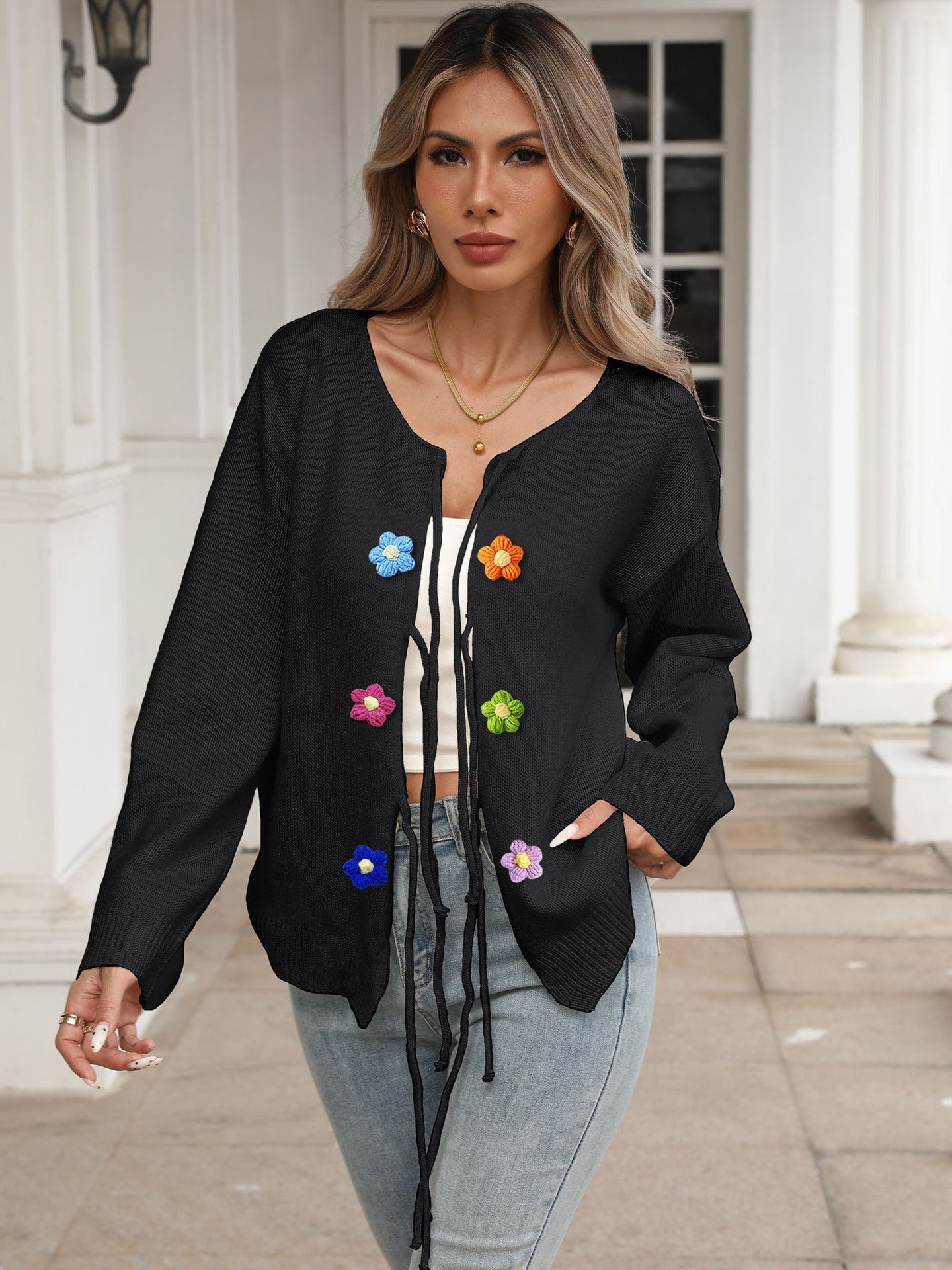 Women's Knit Outerwear Autumn Winter Lace-Up Bow Crochet Patchwork Cardigan 6