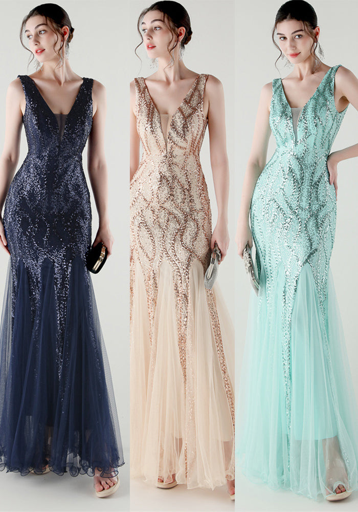 Deep V Neck Sequin Mesh Patchwork Fishtail Evening Dress for Formal Occasions