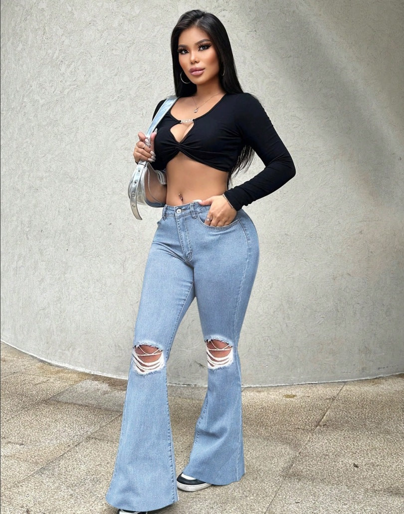 Women Ripped Stretchy Denim Wide-Leg Pants 4