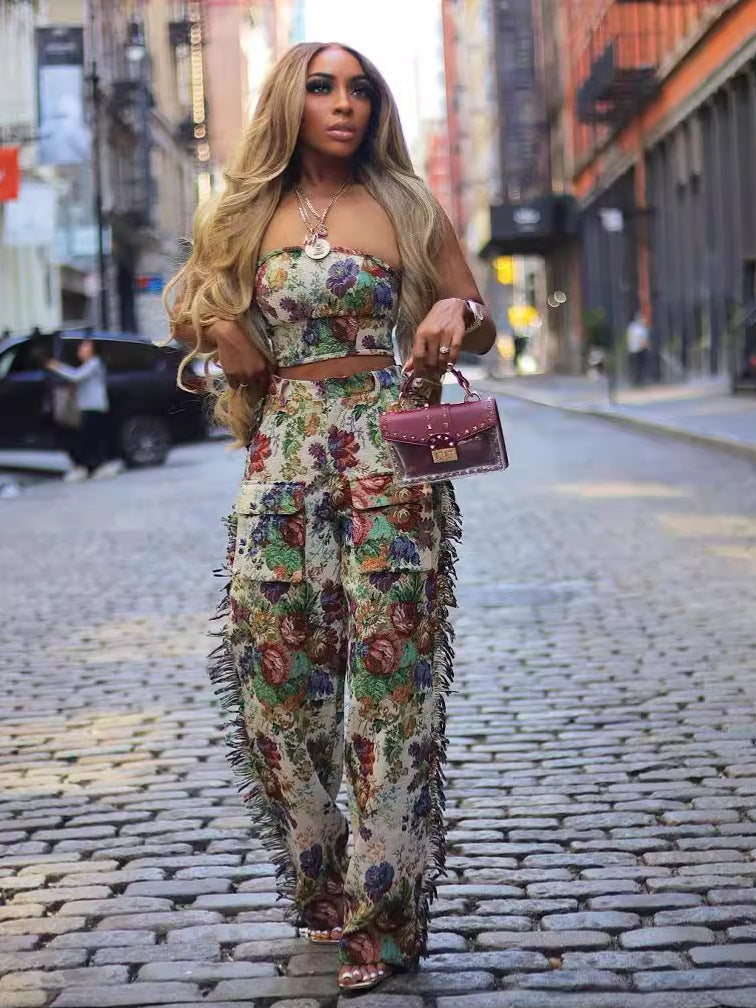 Women Sexy lace-up bra top and tassel trousers jacquard two-piece set 8