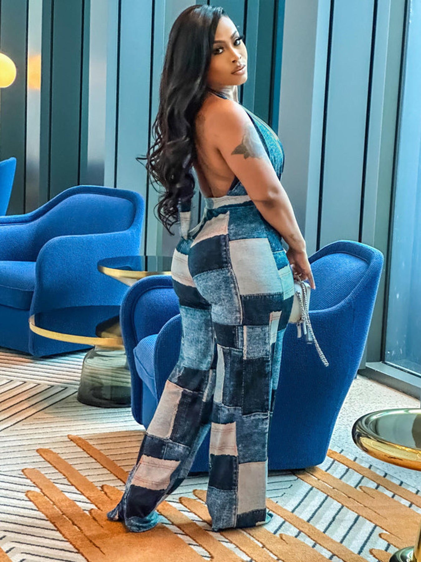 Women's Autumn And Winter Denim Contrast Color Halter Neck Fashion Loose Plus Size Jumpsuit 6