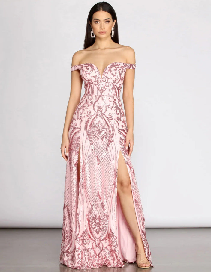 Spring Summer Sequin Off Shoulder Slit Women 's Party Dress